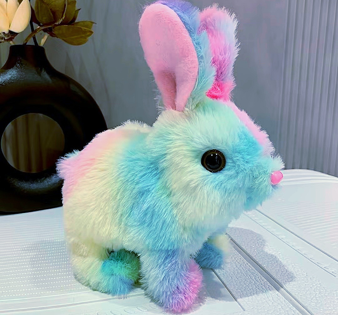 Electric plush rabbit children’s toy simulation rabbit can walk and bark rainbow rabbit baby pet birthday gift