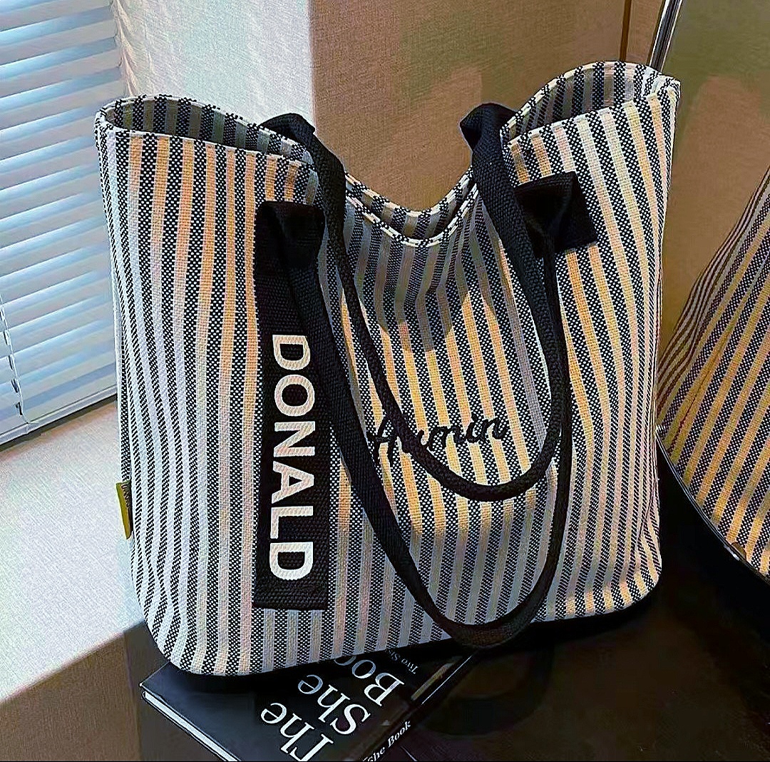 striped canvas bag for women new large capacity handbag korean shoulder commuting tote