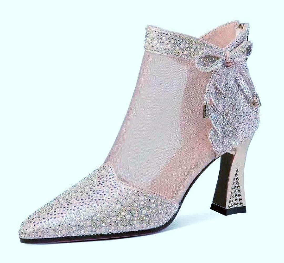 pearl soft leather rhinestone net boots hollow fashion pointed toes breathable large size mesh sundals new summer fine thin heel sandals